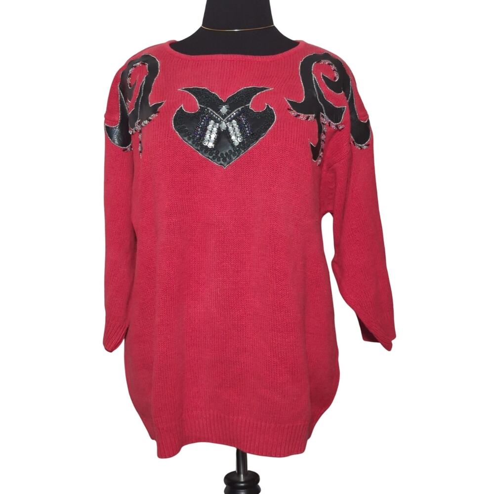 VTG Work In Progress Hong Kong Red Sweater Beaded Leather Heart 80s M